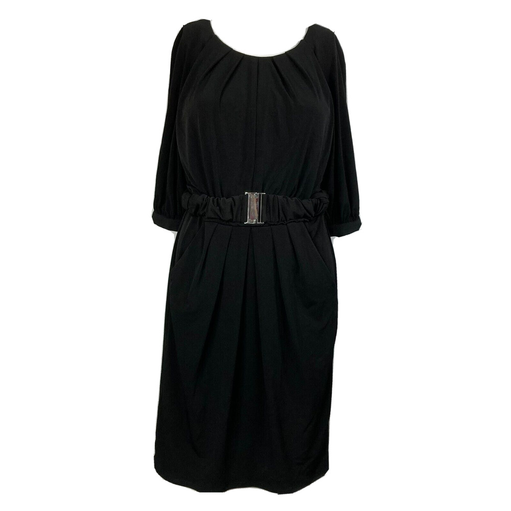 Max And Cleo Dress Womens Sz XS Black Sheath Stretch Knit Pleated Belted Pockets